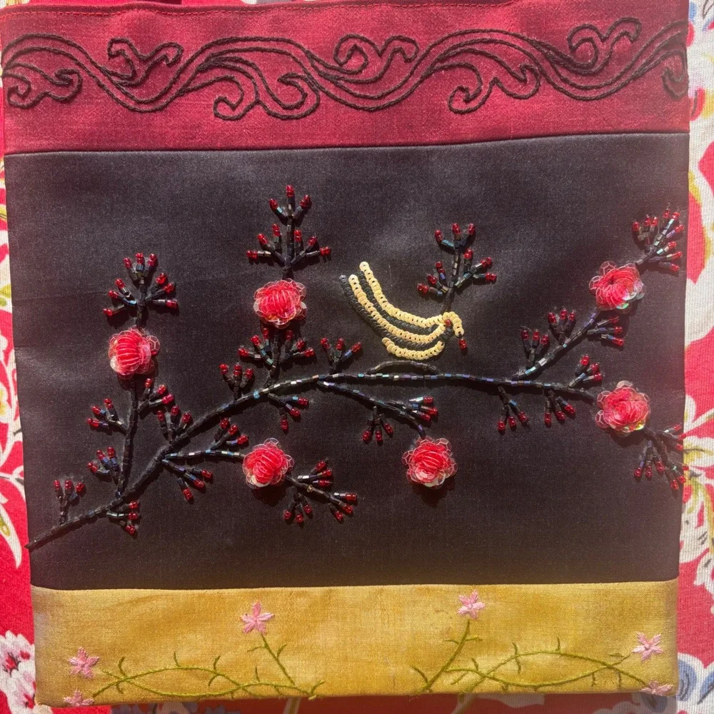 Small Beaded Sequin Whimsigoth Floral Bird Tote Bag 10X10